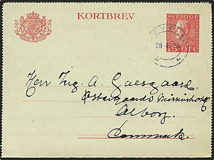 15 øre rød Gustav korrespondancekort sendt d. 28.4.1928 til Aalborg.