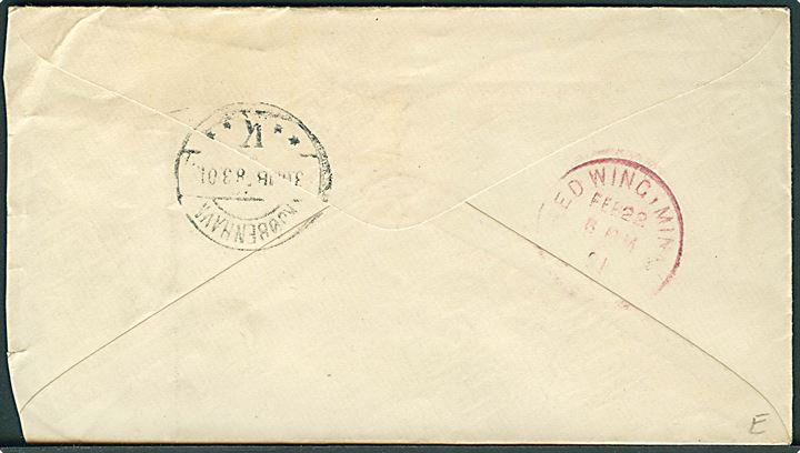 2 cents helsagskuvert opfrankeret med 1 cent og 2 cents annulleret med violet stempel: R.F.D. Red Wing Minn. d. 22.2.1901 til København, Danmark.