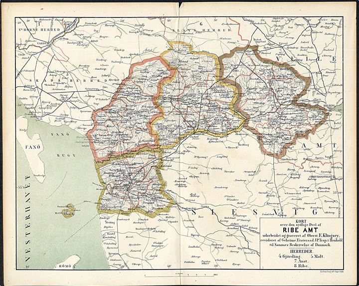 Ribe Amt, sydlige del. Flerfarve landkort 22x28½ cm fra Trap Danmark 2. udg. (1872-1879). 