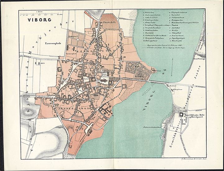 Viborg købstad. Flerfarve landkort 22x28½ cm fra Trap Danmark 2. udg. (1872-1879). 