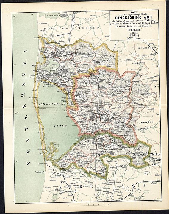 Ringkøbing Amt, sydvestlige del. Flerfarve landkort 22x28½ cm fra Trap Danmark 2. udg. (1872-1879). 