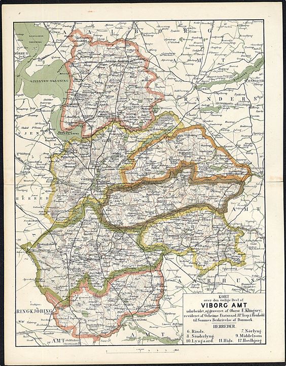 Viborg Amt, østlige del. Flerfarve landkort 22x28½ cm fra Trap Danmark 2. udg. (1872-1879). 