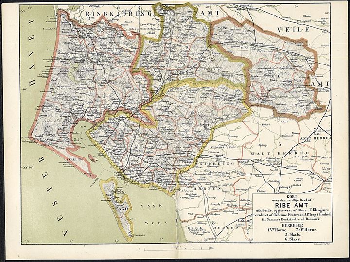 Ribe Amt, nordlige del. Flerfarve landkort 22x28½ cm fra Trap Danmark 2. udg. (1872-1879). 