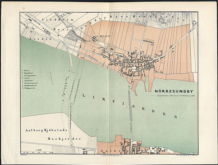 Nørresundby Købstad. Flerfarve landkort 22x28½ cm fra Trap Danmark 2. udg. (1872-1879). 