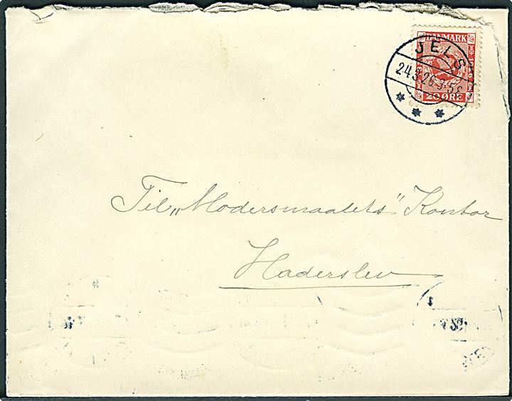 20 øre Frimærkejubilæum single på brev annulleret med brotype IIb Jels d. 24.3.1926 til Haderslev.