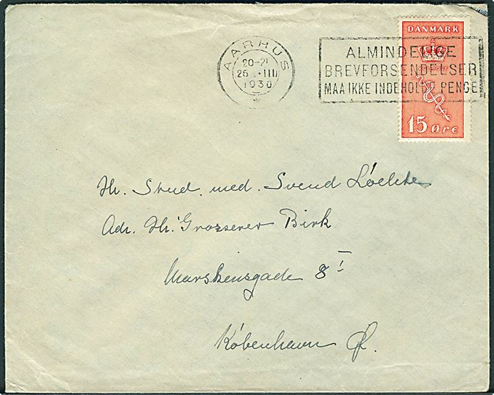 15+5 øre Kræftmærke på brev fra Aarhus d. 25.3.1930 til København.