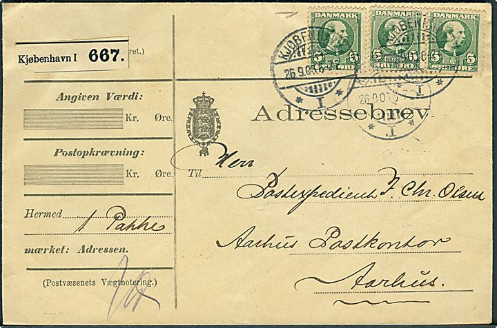 5 øre Chr. IX (3) på adressebrev for pakke fra Kjøbenhavn d. 26.9.1906 til Aarhus.