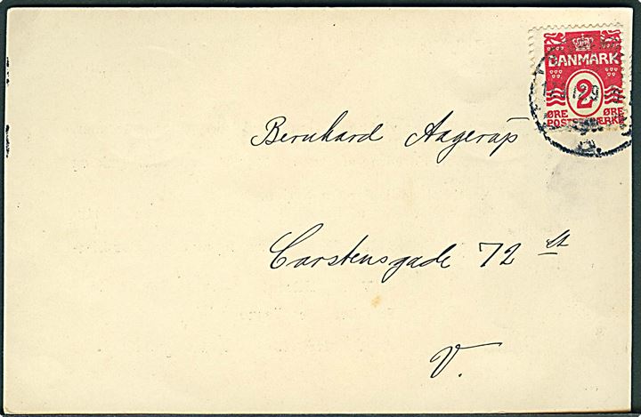 2 øre Bølgelinie single på lokalt tryksags-brevkort i Kjøbenhavn d. 17.9.1912. På bagsiden fortrykt meddelelse fra Vesterbros K.F.U.M.s yngste Afdeling. 