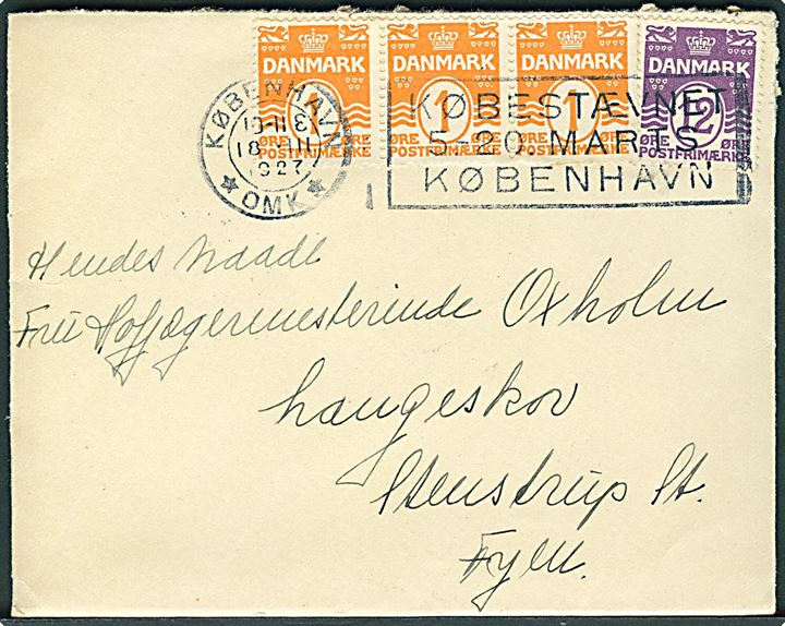 1 øre (3-stribe) og 12 øre Bølgelinie på brev fra København d. 18.3.1927 til Hofjægermesterinde Oxholm, Langeskov pr. Stenstrup St.