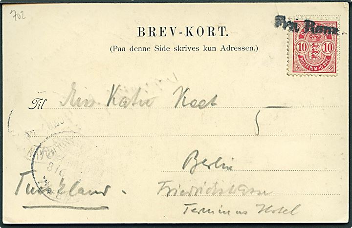 10 øre Våben på brevkort dateret d. 1.6.1903 annulleret med skibsstempel Fra Rønne til Berlin, Tyskland.