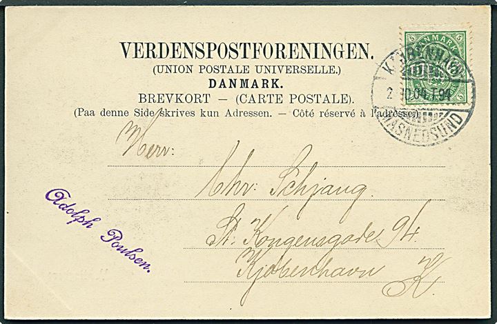 5 øre Våben på brevkort fra Vordingborg annulleret med bureaustempel Kjøbenhavn - Masnedsund T.94 d. 2.10.1904 til Kjøbenhavn.