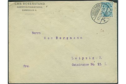 20 øre Våben med matricefejl Brud på ydre cirkellinie om højre 20 på brev fra Kjøbenhavn d. 27.9.1904 til Leipzig, Tyskland.