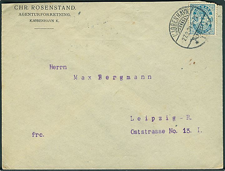 20 øre Våben med matricefejl Brud på ydre cirkellinie om højre 20 på brev fra Kjøbenhavn d. 27.9.1904 til Leipzig, Tyskland.