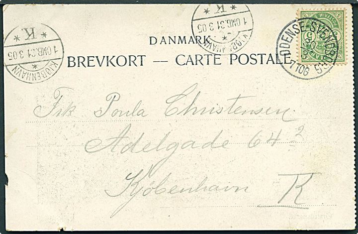 5 øre Våben på brevkort annulleret med lapidar bureaustempel Odense - Svendborg d. 30.3.1905 til København.