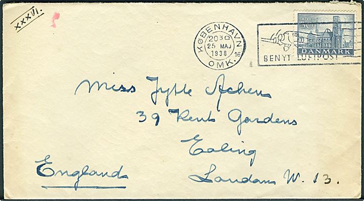 30 øre Ribe Domkirke på brev fra København d. 25.5.1938 til London, England.