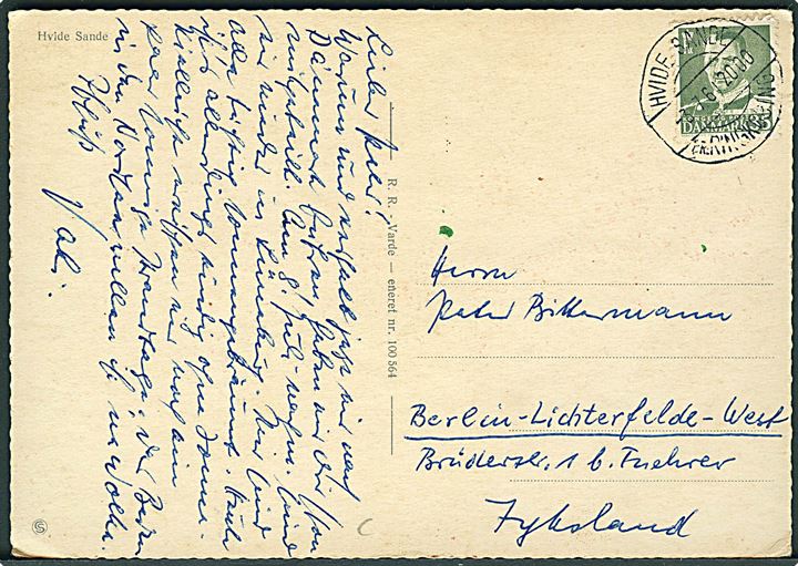 35 øre Fr. IX single på brevkort annulleret med pr.-stempel Hvide Sande pr. Ringkøbing d. 3.7.1961 til Berlin, Tyskland.