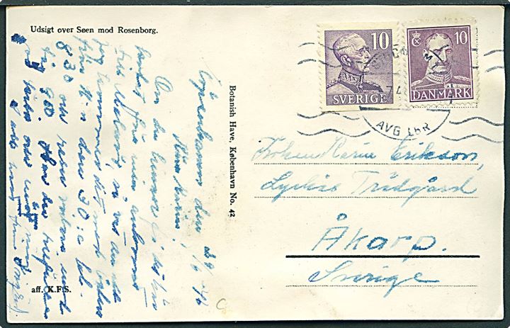 Dansk 10 øre Chr. X og svensk 10 öre Gustaf på brevkort annulleret med svensk stempel i Stockholm d. 1.7.1946 til Åkarp.