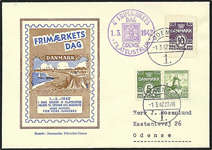5 øre grøn bølgelinie og 5 øre grøn Dybbøl Mølle, i par, samt 10 øre violet bølgelinie på lokalt sendt brevkort fra Odense d. 1.3.1942.