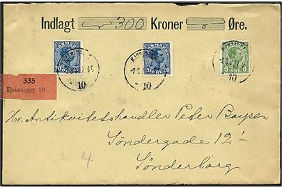 5 øre grøn og 20 øre blå Chr. X på værdibrev fra København d. 2.8.1920 til Sønderborg.