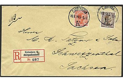 10 øre og 25 øre Chr. X på anbefalet brev fra Kjøbenhavn K. d. 16.6.1914 til Schweizerthal, Tyskland. Ank.stempel på bagsiden.