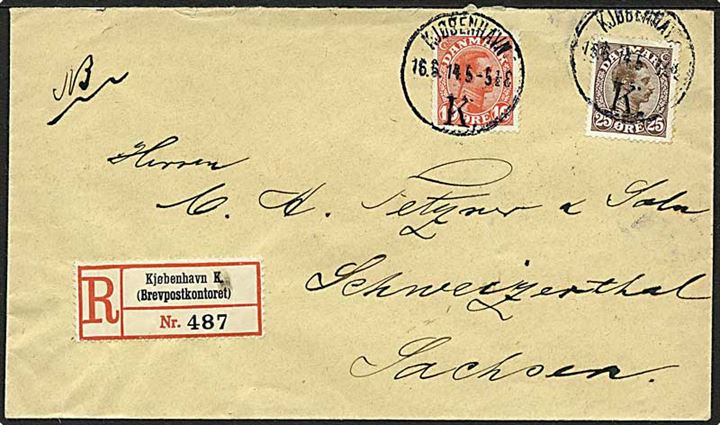 10 øre og 25 øre Chr. X på anbefalet brev fra Kjøbenhavn K. d. 16.6.1914 til Schweizerthal, Tyskland. Ank.stempel på bagsiden.
