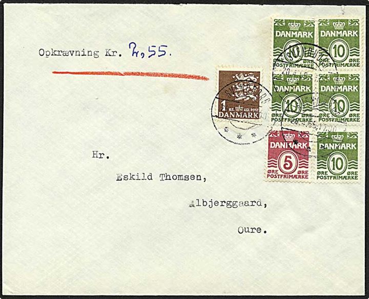 5 øre, 10 øre (5) Bølgelinie og 1 kr. Rigsvåben på 1,55 kr. frankeret brev med opkrævning fra Svendborg d. 20.4.1955 til Oure.