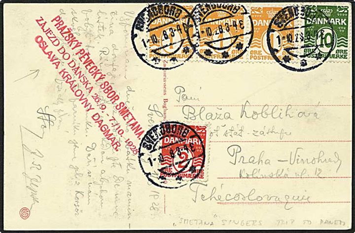 1 øre (3), 2 øre og 10 øre Bølgelinie på brevkort (Motorfærgen Korsør) fra Svendborg d. 1.10.1928 til Prag, Tjekkoslovakiet. Privat rødt stempel vedr. den tjekkiske trup Smetana singers turné i Danmark 26.9.-7.10.1928.