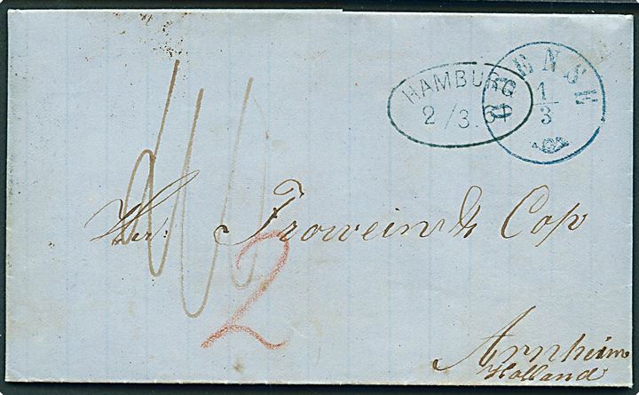 1861. Ufrankeret portobrev med blåt antiqua Odense d. 1.3.1861 via K.D.O.P.A. Hamburg til Arnhem, Holland. Ank.stemplet d. 3.3.1861. 