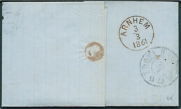 1861. Ufrankeret portobrev med blåt antiqua Odense d. 1.3.1861 via K.D.O.P.A. Hamburg til Arnhem, Holland. Ank.stemplet d. 3.3.1861. 