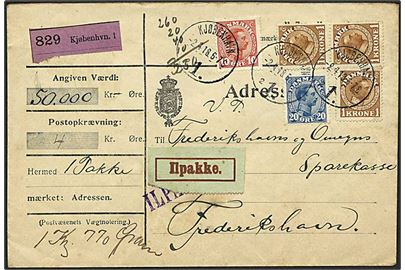 10 øre, 20 øre og 1 kr. (3) Chr. X på 3,30 kr. blandingsfrankeret adressebrev for værdi-ilpakke med opkrævning fra Kjøbenhavn d. 2.4.1918 til Frederikshavn