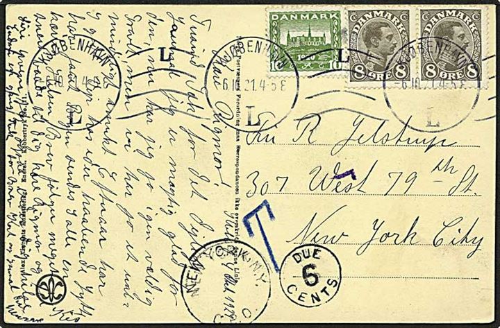 8 øre Chr. X i par og 10 øre Genforening på underfrankeret brevkort fra Kjøbenhavn d. 6.10.1921 til New York, USA. Amerikansk porto-stempel NEW YORK N.Y. GPO DUE 6 CENTS.