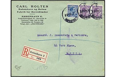15 øre i par og 40 øre Chr. X på anbefalet brev fra Kjøbenhavn d. 10.2.1924 til Leeds, England.