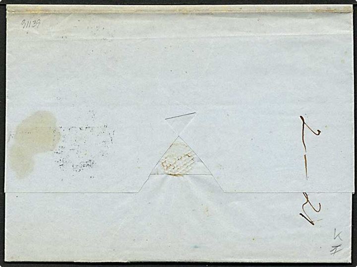 1852. Foldebrev med 2-ringstempel K.D.O.P.A.Hamburg d. 9.11.1852 via Helsingør d. 12.11.1852 til Mandal, Norge. Portopåtegning på bagsiden.