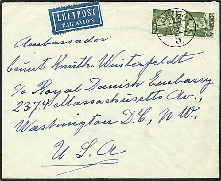 70 øre mørkegrøn Fr. IX på luftpost brev fra København d. 8.7.1959 til Washington, USA.