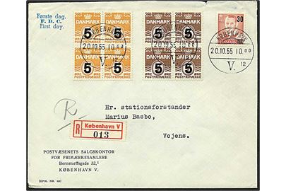 5/6 øre orange og 5/7 øre brun bølgelinie samt 30/20 øre rød Fr. IX på Rec. brev fra København d. 20.10.1955 til Vojens.
