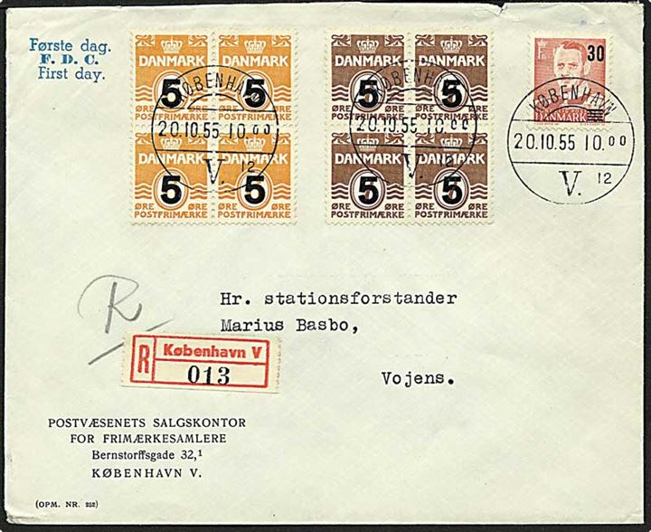 5/6 øre orange og 5/7 øre brun bølgelinie samt 30/20 øre rød Fr. IX på Rec. brev fra København d. 20.10.1955 til Vojens.