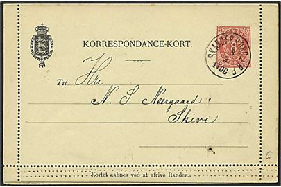 8 øre rød tofarvet korrespondancekort fra Skanderborg d. 8.3.18xx til Skive. Skanderborg J B P lapidarstempel.