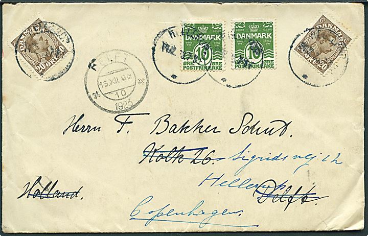 10 øre Bølgelinie (2) og 20 øre Chr. X (2) på brev fra Hellerup d. 14.12.1923 til Delft, Holland - eftersendt til Hellerup, Danmark.