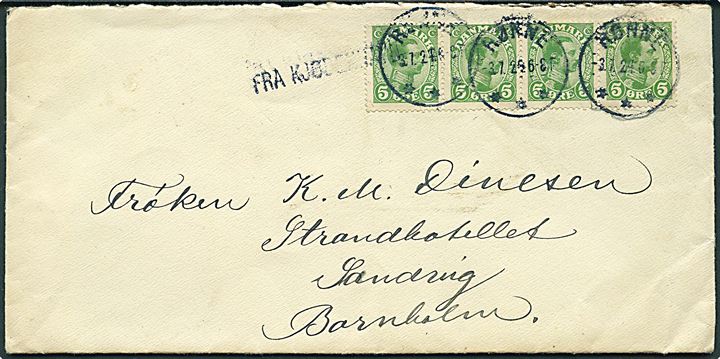 5 øre Chr. X i 4-stribe på brev fra København annulleret med brotype IIIb Rønne d. 3.7.1924 og sidestemplet Fra Kjøbenhavn til Strandhotellet Sandvig, Bornholm.