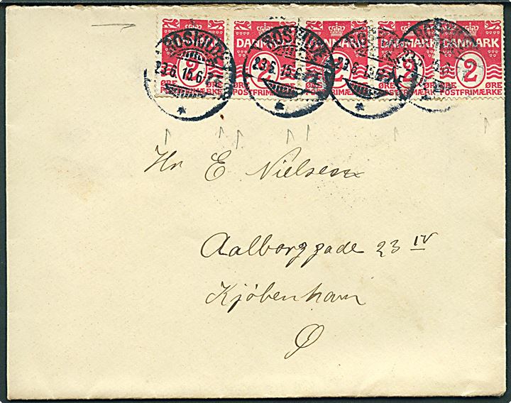 2 øre Bølgelinie (5) på brev fra Roskilde d. 23.5.1915 til Kjøbenhavn.