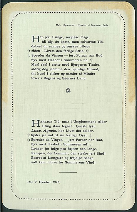 2 øre Bølgelinie på lokalt tryksags korrespondancekort stemplet Kjøbenhavn d. 2.10.1910. Indeholder konfirmations-sang og er muligvis ikke postalt omdelt. 
