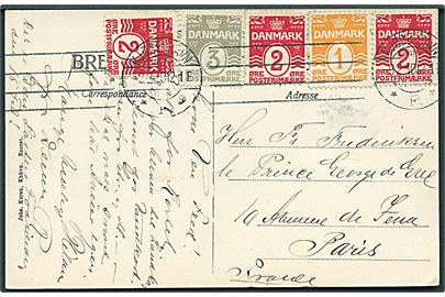 1 øre, 2 øre (3) og 3 øre Bølgelinie på 3-farve frankeret brevkort (Langelinie ved vinter) fra Kjøbenhavn d. 9.2.1910 til Paris, Frankrig.