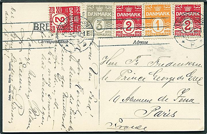 1 øre, 2 øre (3) og 3 øre Bølgelinie på 3-farve frankeret brevkort (Langelinie ved vinter) fra Kjøbenhavn d. 9.2.1910 til Paris, Frankrig.