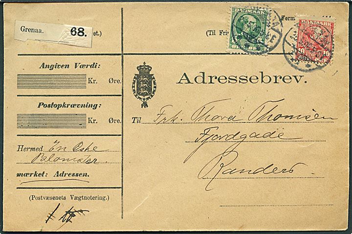 5 øre og 10 øre Chr. IX på adressebrev for en æske med blomster fra Grenaa d. 25.5.1906 til Randers.