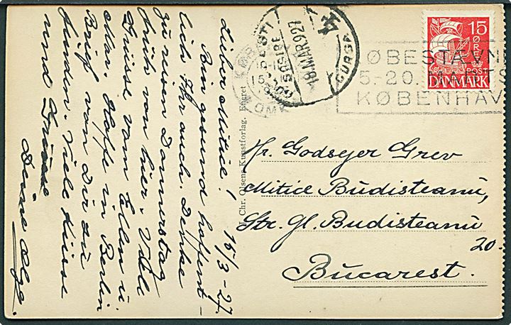 15 øre Karavel på brevkort fra København d. 15.3.1927 til Bucarest, Rumænien. 