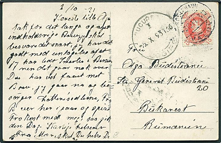 15 øre Chr. X 60 år på brevkort stemplet København Valby d. 3.10.1931 til Bukarest, Rumænien.