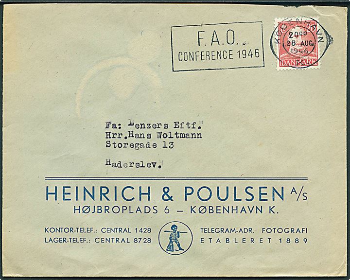 20 øre Chr. X på brev annulleret med TMS F.A.O. Conference 1946/København K. d. 28.8.1946 til Haderslev.
