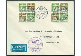 5 øre Bølgelinie og D.F.U. provisorium i sammentrykt fireblok (2) på luftpostbrev annulleret med særstempel 10. Filatelistdags Udst. Slagelse d. 6.9.1938 via København Luftpost sn3 til København.