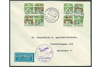 5 øre Bølgelinie og D.F.U. provisorium i sammentrykt fireblok (2) på luftpostbrev annulleret med særstempel 10. Filatelistdags Udst. Slagelse d. 6.9.1938 via København Luftpost sn3 til København.