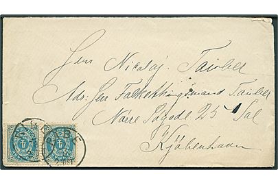 4 øre Tofarvet (2) på brev annulleret med lapidar Ribe d. 2.8.1892 til Kjøbenhavn.